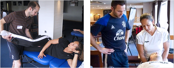 2 images - Heather teaching ART to Tottenham Hotspur FC physiotherapist and Heather teaching ART to Everton FC physiotherapist
